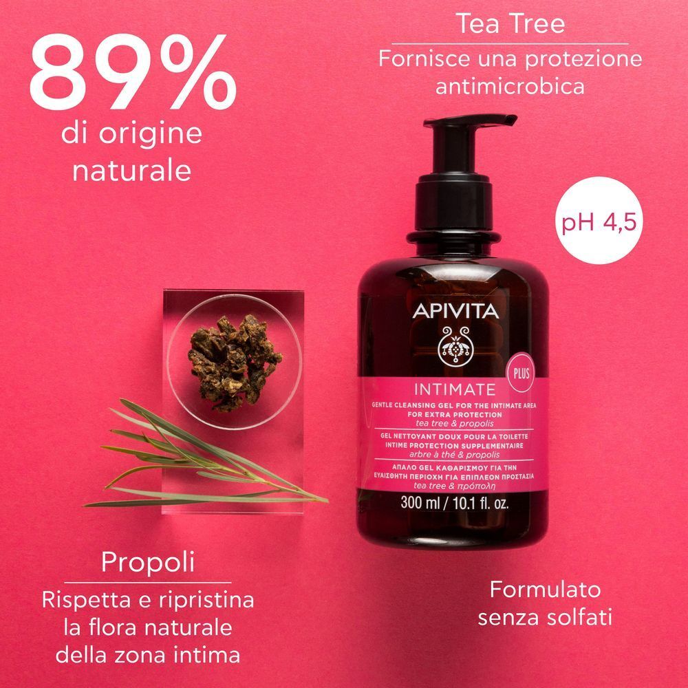 Gel detergente Apivita Intimate Plus con tea tree e propoli, pH 4,5.