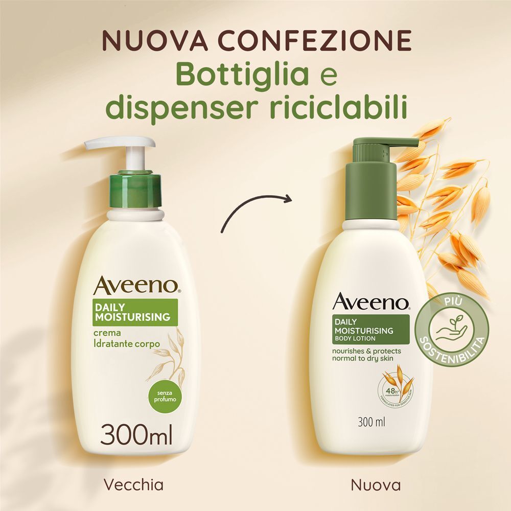 Aggiornamento confezione: vecchi e nuovi flaconi Aveeno, riciclabili.