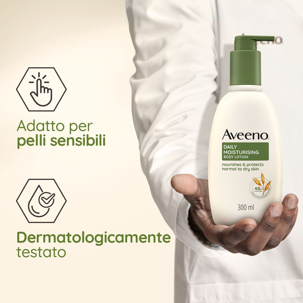 Flacone lozione corpo Aveeno. Adatto a pelli sensibili. Dermatologicamente testato.