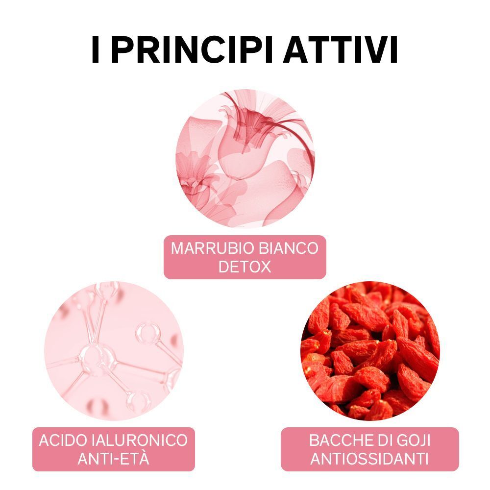 Principi attivi: Marrubio bianco detox, acido ialuronico, bacche di goji.