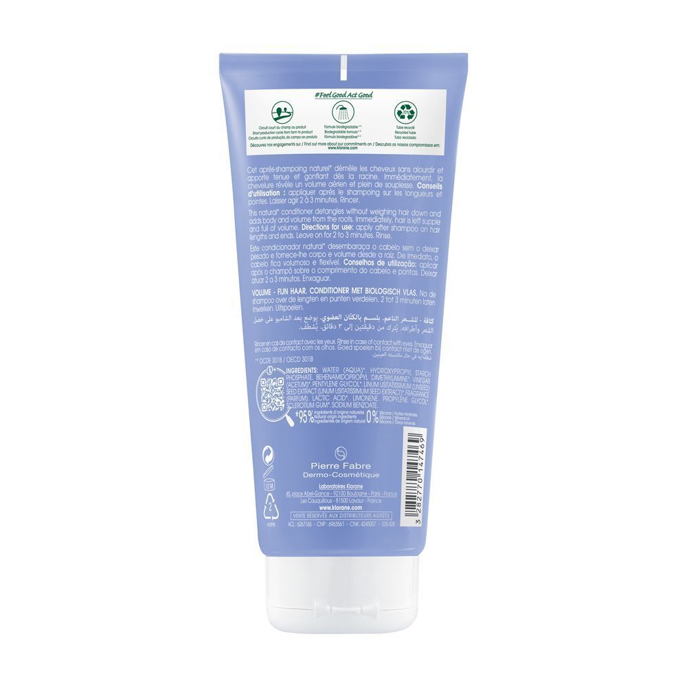 Flacone di balsamo per capelli, retro con testo e icone. Contiene 95% di ingredienti di origine naturale.