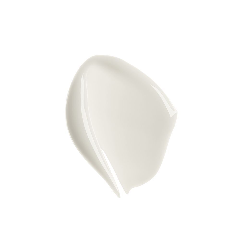 Un campione di texture di crema bianca su sfondo bianco.