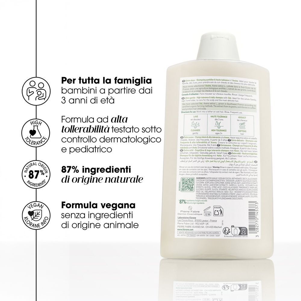 Retro di una bottiglia di shampoo Klorane con simboli di tollerabilità e formula vegana.