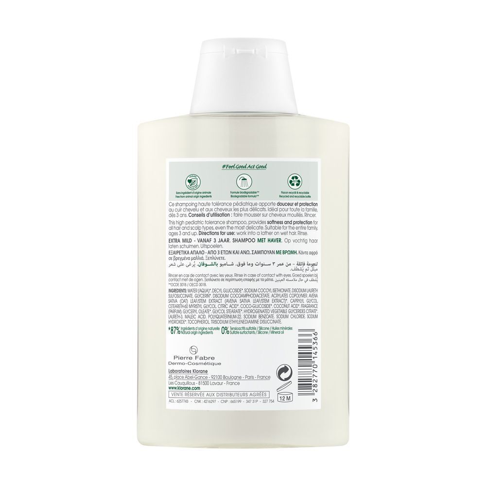 Retro di una bottiglia di shampoo Klorane con ingredienti e istruzioni.