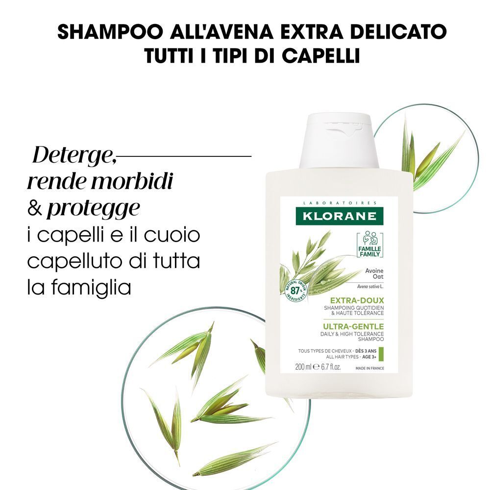 Shampoo Klorane all'avena, flacone con etichetta e illustrazioni di piante d'avena.