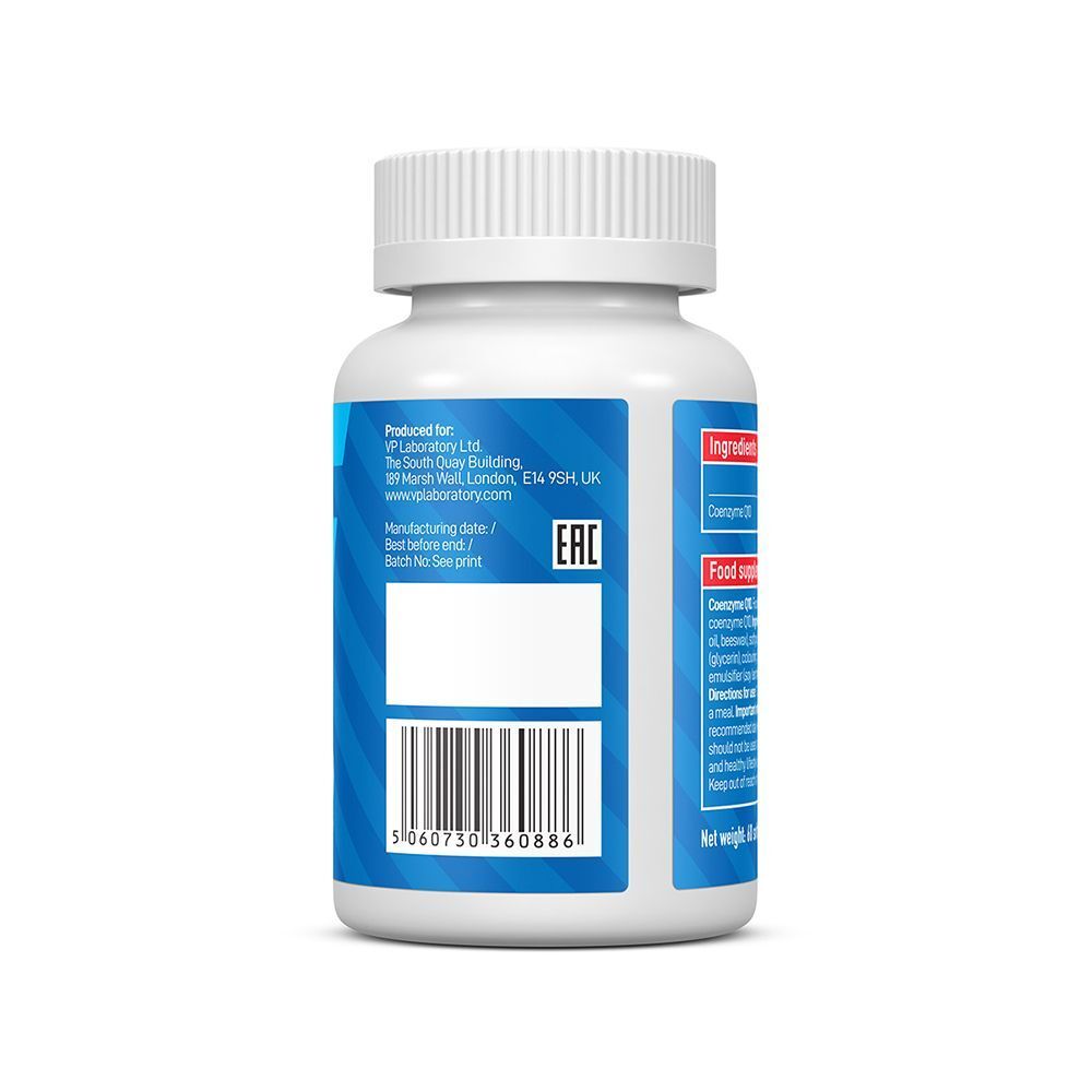 Retro di un flacone VPLAB CoQ10 100mg con informazioni di produzione e codice a barre.