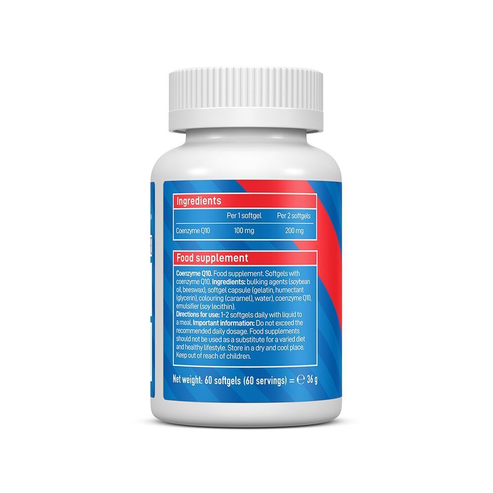 Retro di un flacone di VPLAB CoQ10 100 mg con elenco ingredienti e istruzioni per il dosaggio.