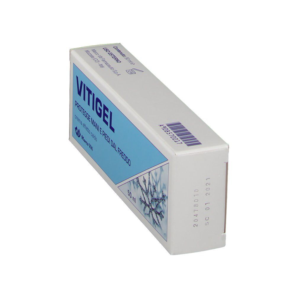Scatola Vitigel Crema, 50 ml. Crema mani e piedi dal freddo. Retro con numero di lotto.