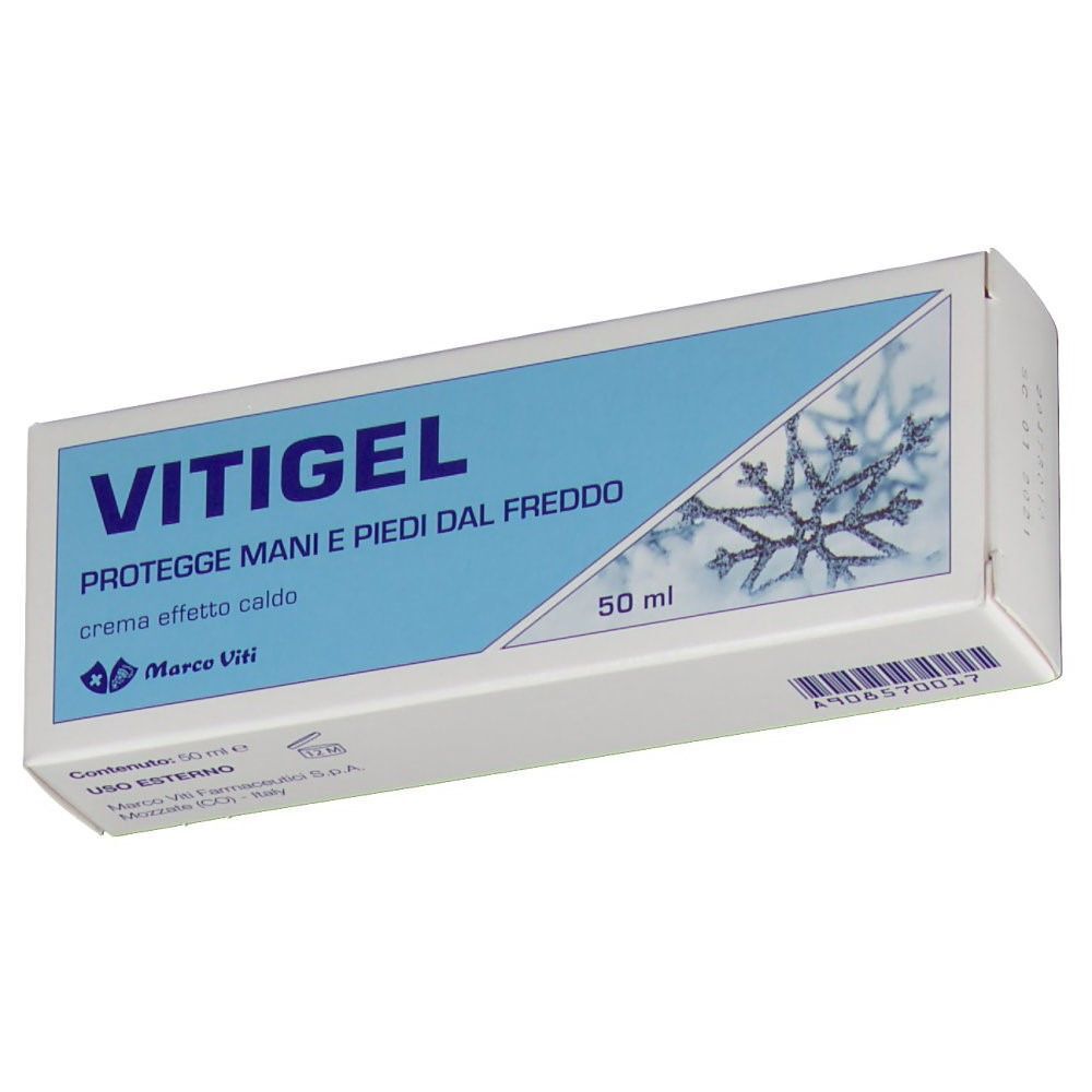 Scatola Vitigel Crema, 50 ml. Crema mani e piedi dal freddo. Fronte con disegno fiocco di neve.