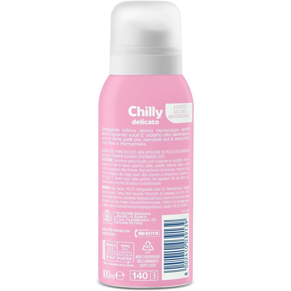 Retro di un flacone spray rosa Chilly Delicato Detergente intimo senza risciacquo.