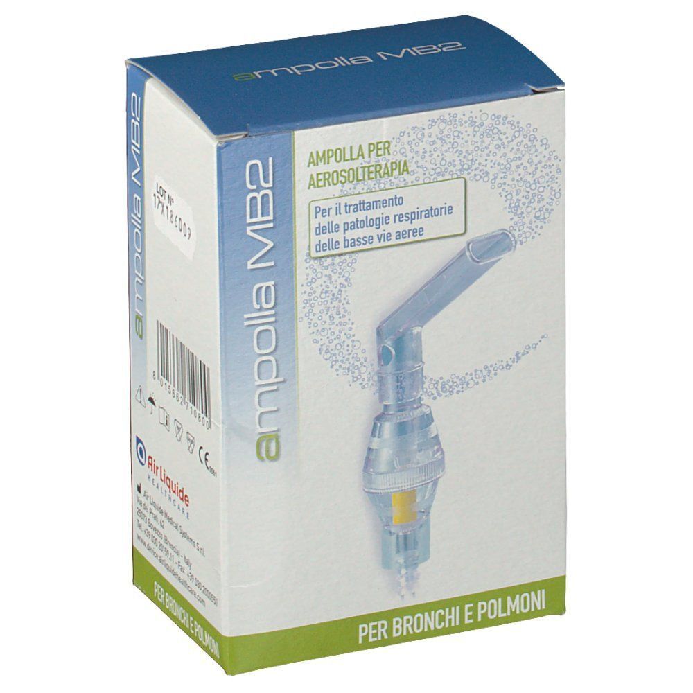 Confezione di ampolla MB2 per aerosolterapia, con immagine dell'inhalatore.