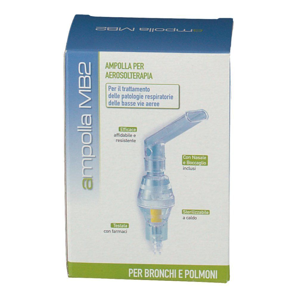 Confezione di ampolla MB2 per aerosolterapia, con immagine dettagliata e caratteristiche.