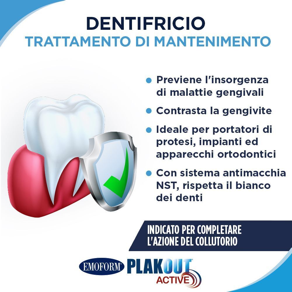 Dentifricio Emoform Plak Out Active: protegge denti e gengive. Con tecnologia NST.