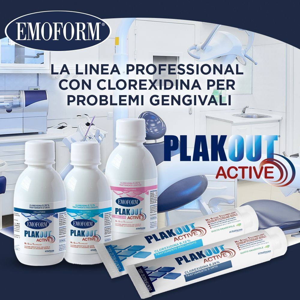 Linea Emoform Plak Out Active: collutorio e dentifricio alla clorexidina.