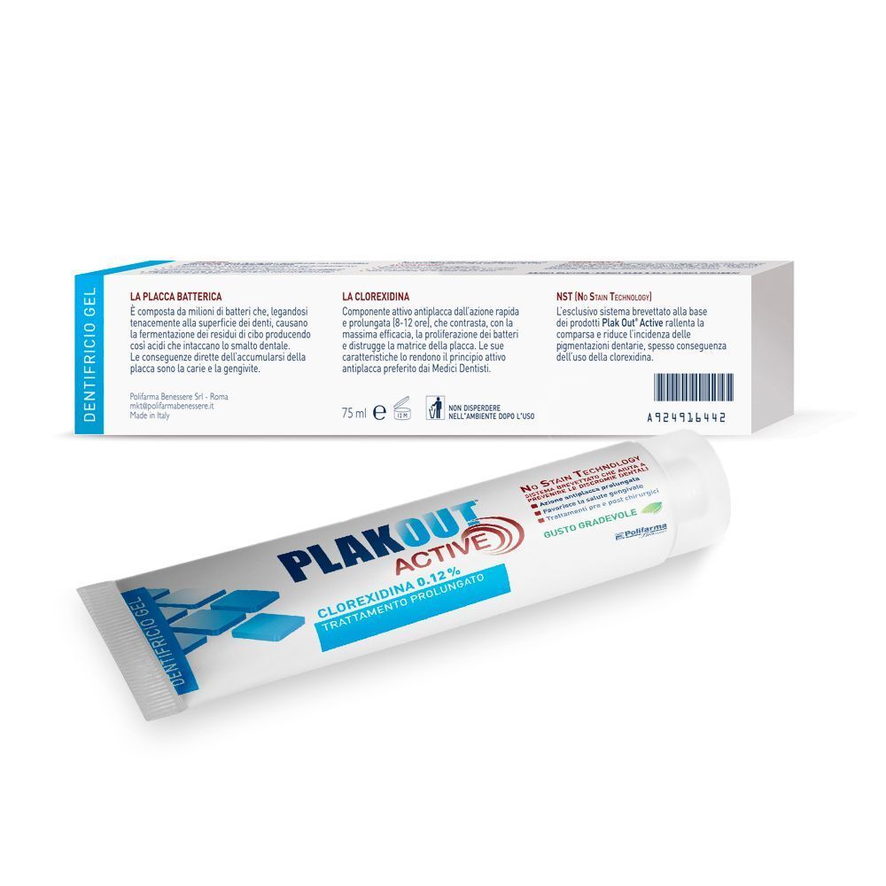 Tubo di dentifricio Emoform Plak Out Active 75ml con clorexidina 0,12%.