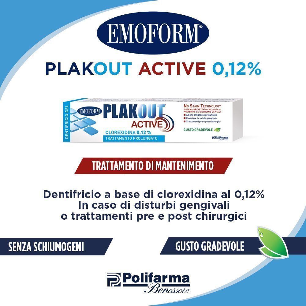 Dentifricio Emoform Plak Out Active 0,12% Clorexidina. Trattamento di mantenimento. Senza schiumogeni, gusto gradevole.