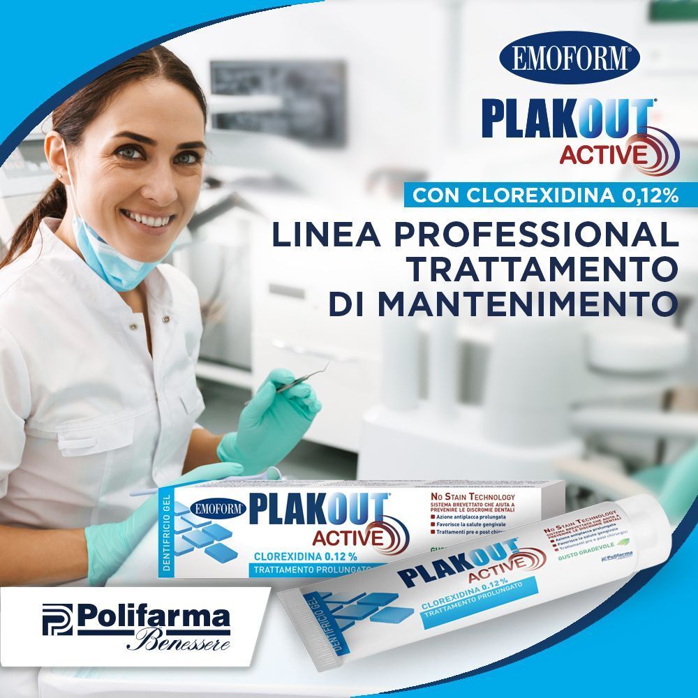 Dentista con dentifricio Emoform Plak Out Active e confezione. Linea professionale di trattamento.