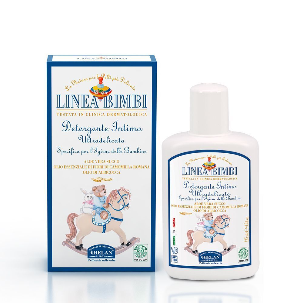 Un flacone di Helan LINEA BIMBI Detergente Intimo e la sua scatola.