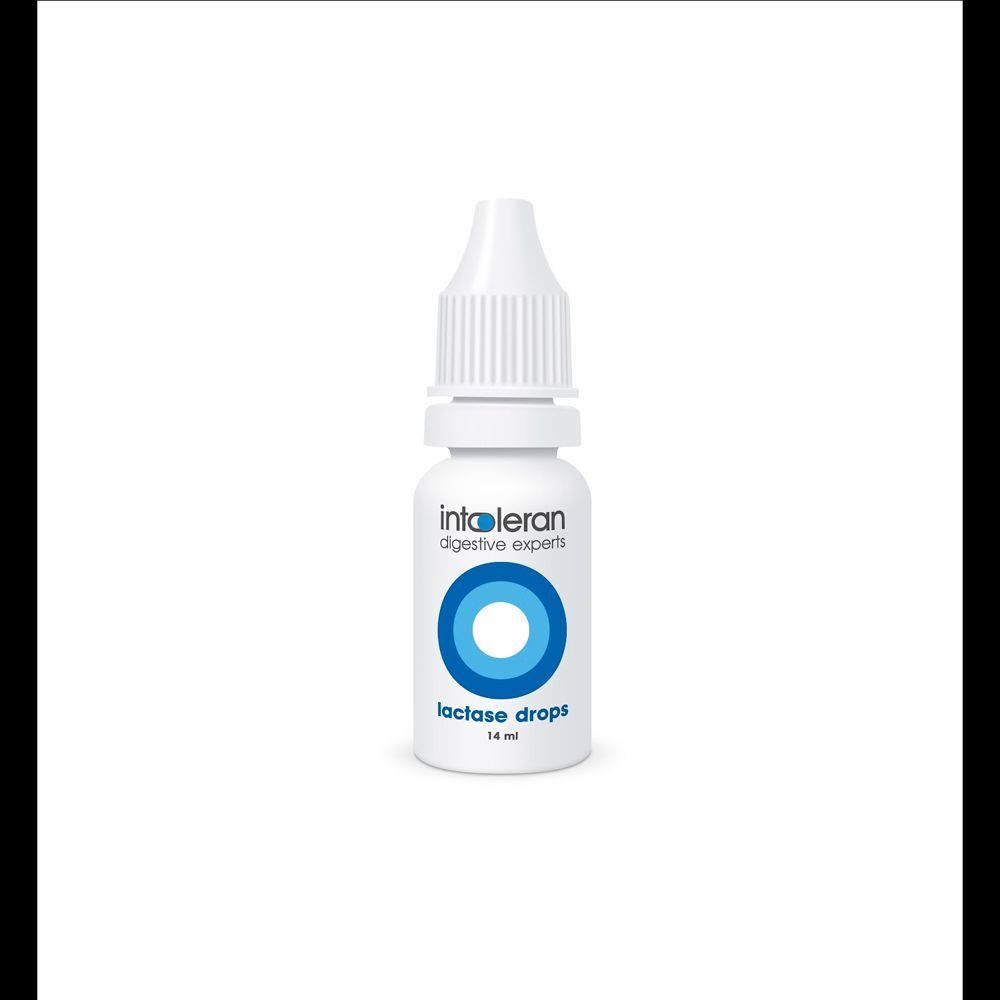 Flacone di gocce di lattasi Intoleran, 14 ml. Flacone contagocce bianco con etichetta blu.