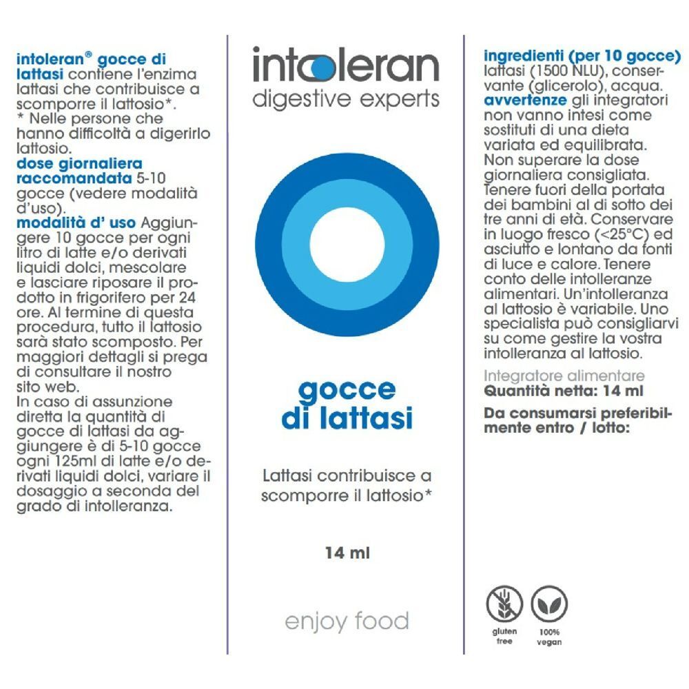 Confezione e flacone di gocce di lattasi Intoleran, 14 ml. Retro con informazioni sul prodotto e ingredienti.