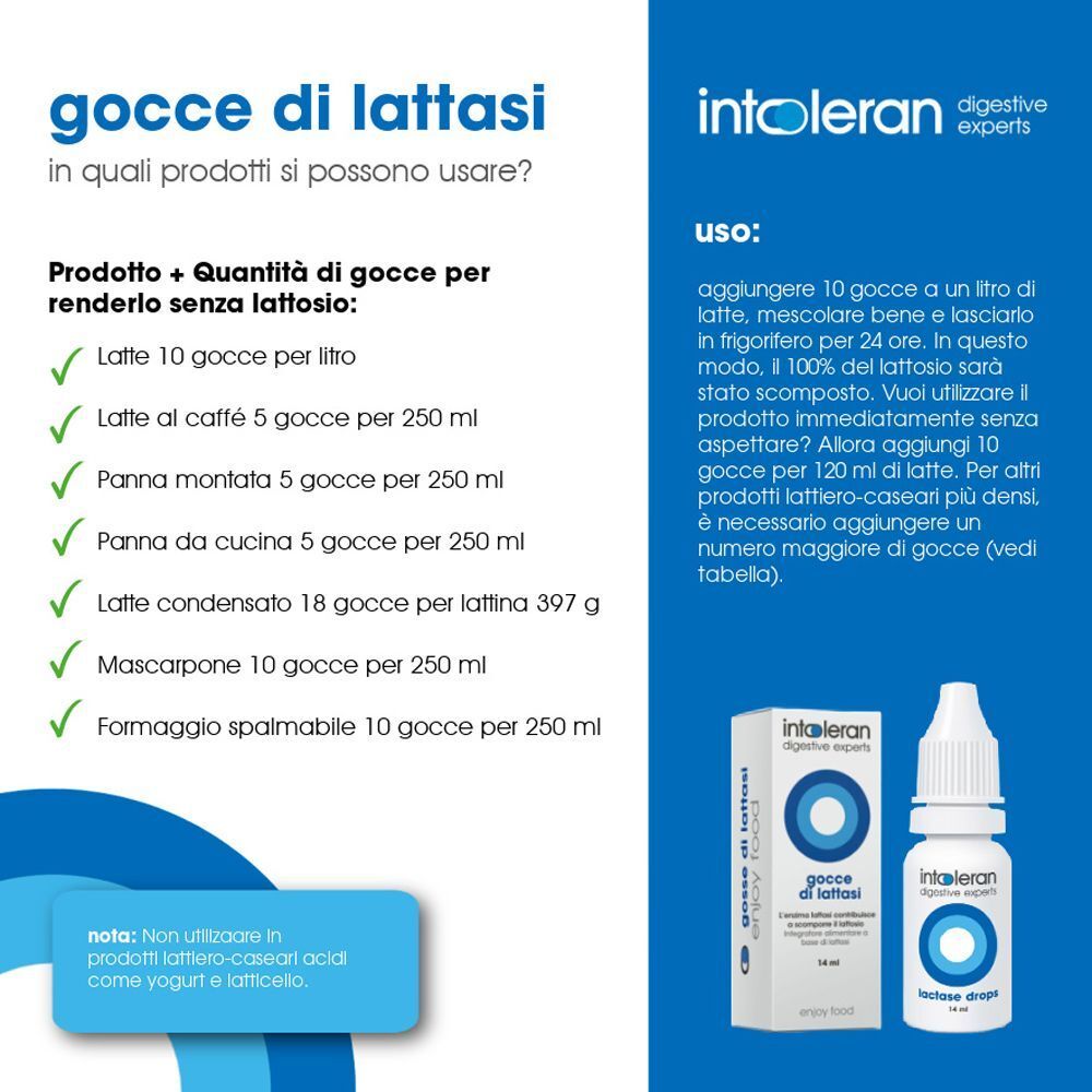 Gocce di lattasi Intoleran: istruzioni d'uso e informazioni sul prodotto. Flacone e confezione mostrati.
