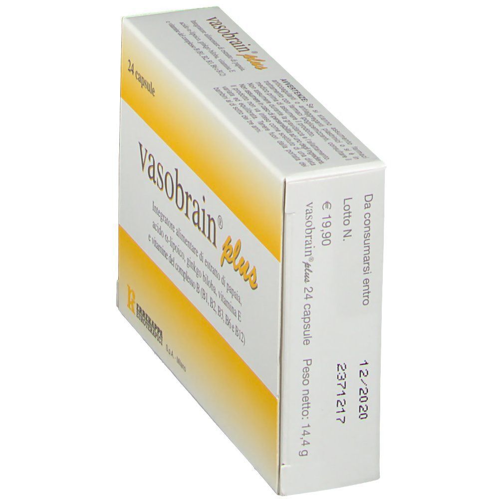 Scatola di Vasobrain® Plus, 24 capsule. Vista laterale con data di scadenza e peso.
