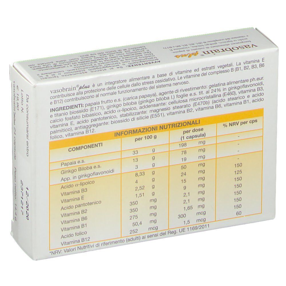 Retro della scatola Vasobrain® Plus, 24 capsule. Contiene informazioni nutrizionali e ingredienti.