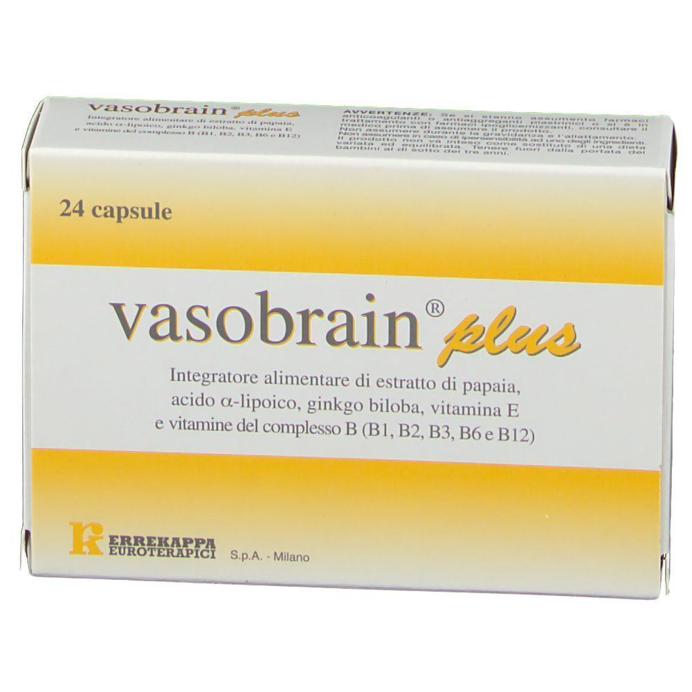 Scatola di Vasobrain® Plus, 24 capsule. Vista frontale con nome del prodotto, ingredienti e informazioni sul produttore.