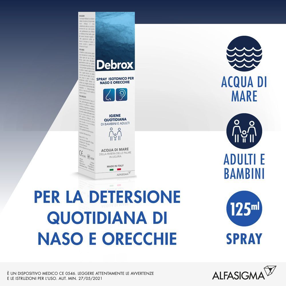 Spray isotonico Debrox per naso e orecchie, 125ml, acqua di mare, per adulti e bambini.