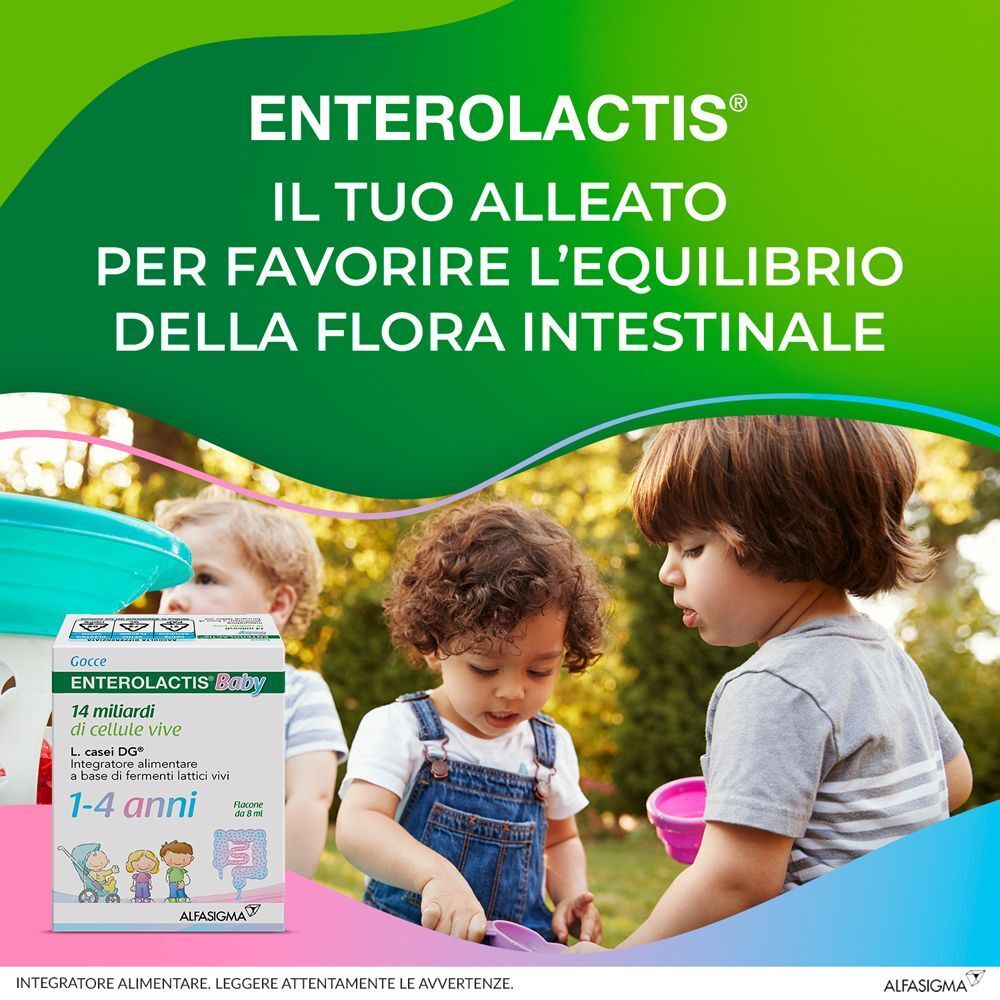 Confezione Enterolactis Baby Gocce accanto a tre bambini all'aperto.