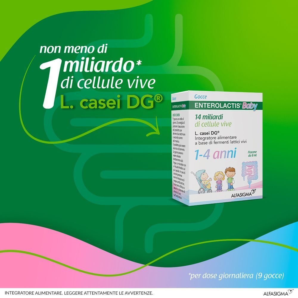 Confezione Enterolactis Baby Gocce con enfasi su 1 miliardo di cellule vive.