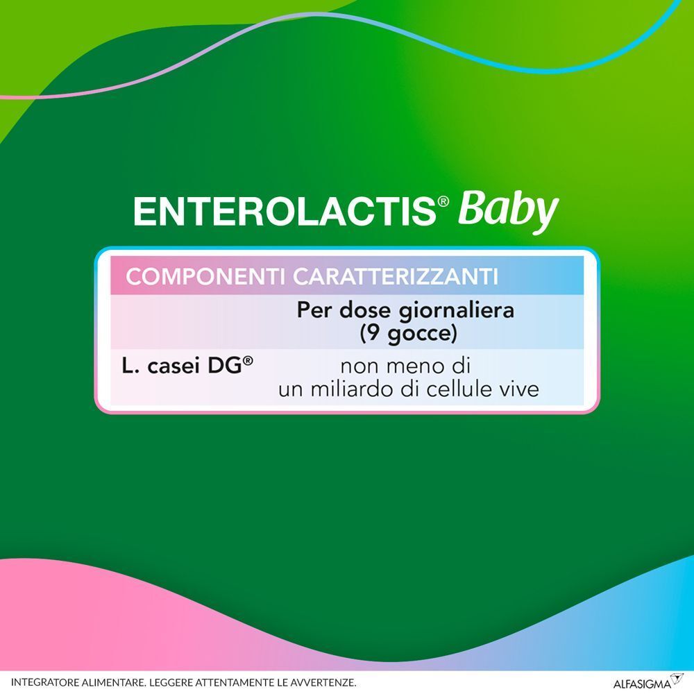 Enterolactis Baby Gocce: 1 miliardo di cellule vive L. casei DG per dose giornaliera.