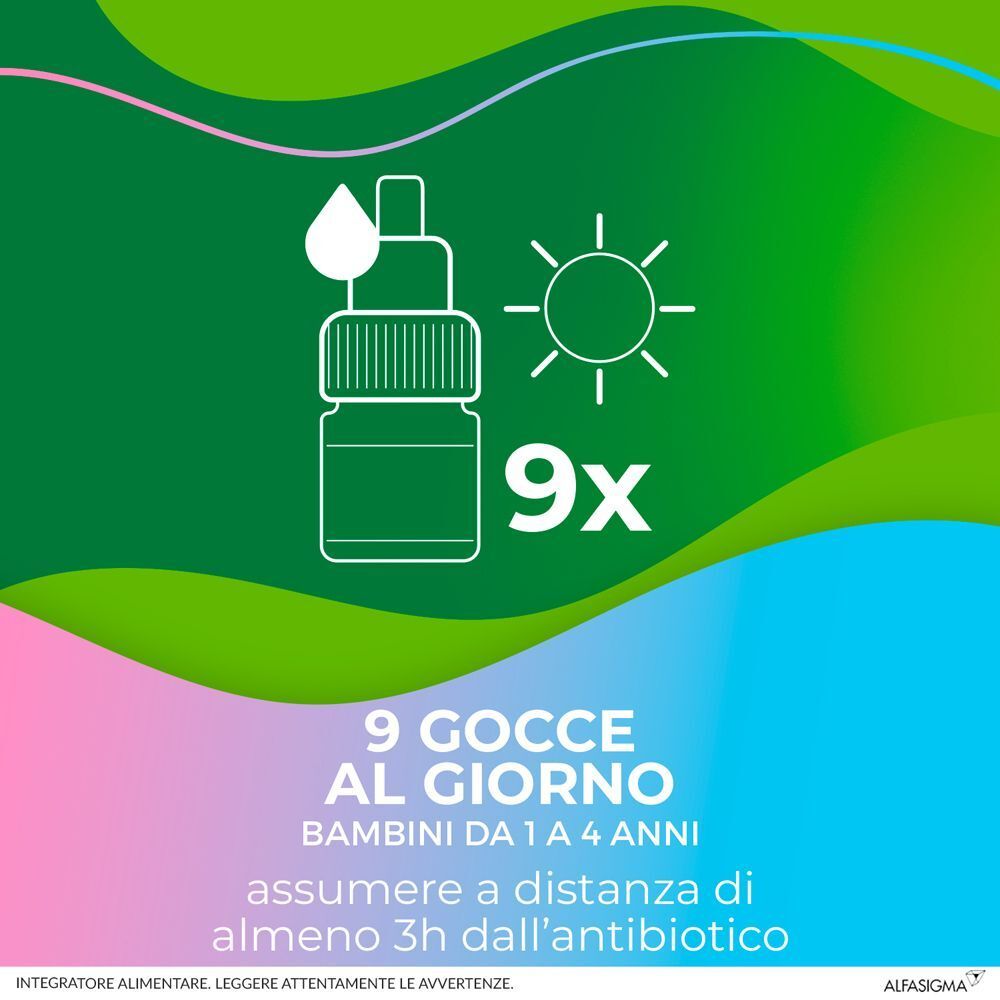 Illustrazione di un flacone contagocce e un sole, con testo '9 gocce al giorno'.