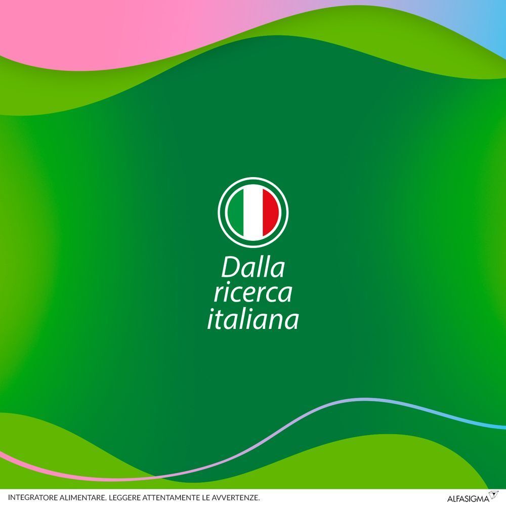 Bandiera italiana in un cerchio con testo 'Dalla ricerca italiana'.