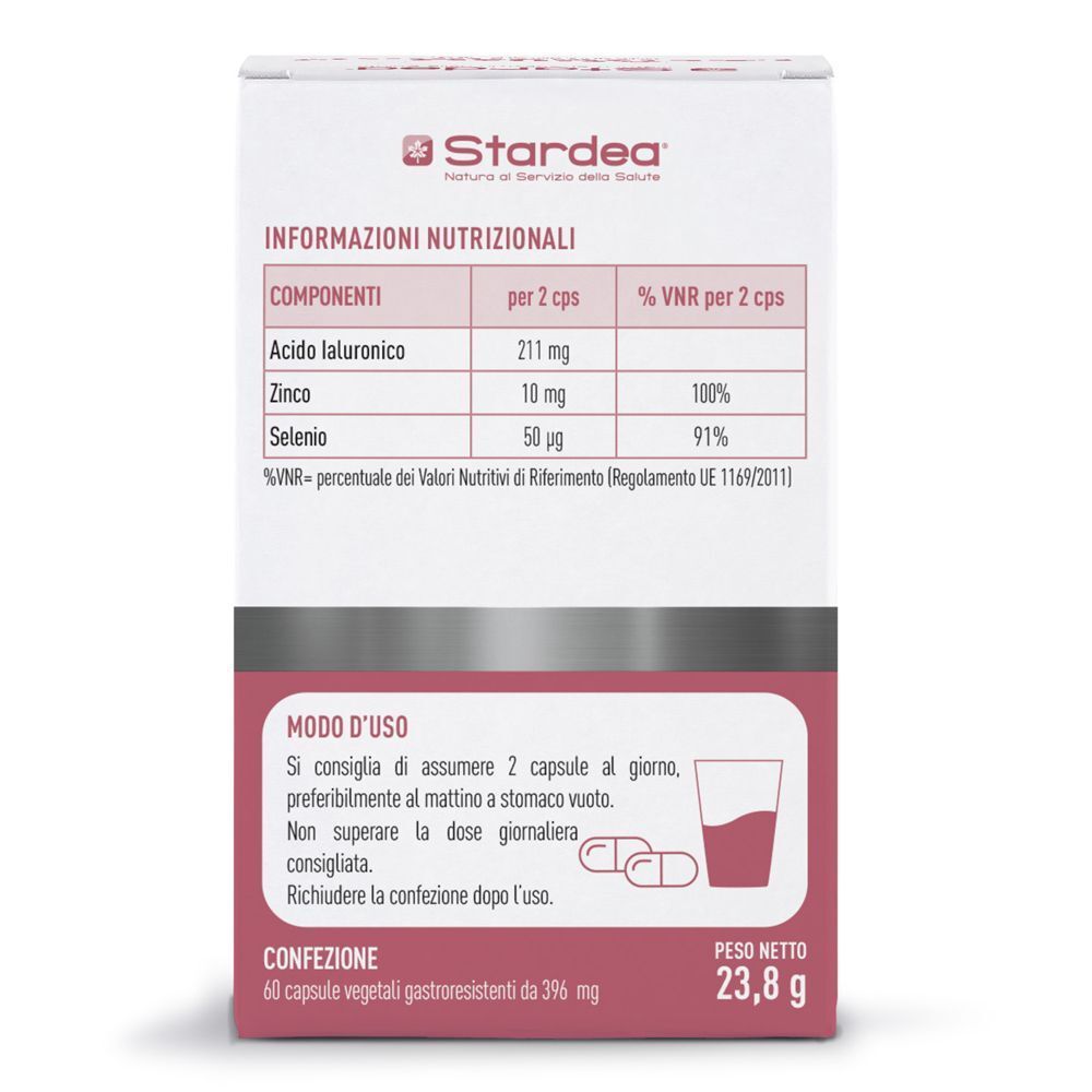 Retro di una confezione di Acido Ialuronico Stardea con informazioni nutrizionali e modo d'uso.