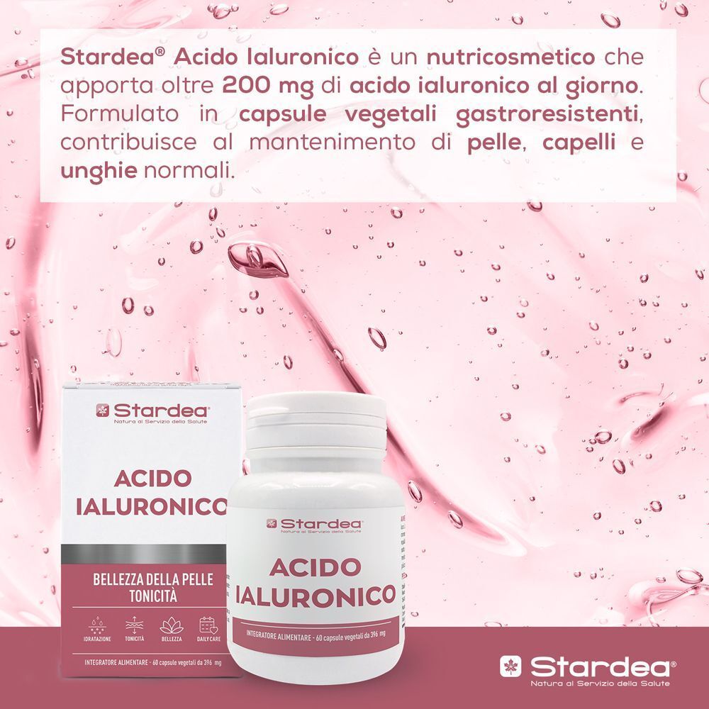 Confezione e flacone di Acido Ialuronico Stardea con capsule vegetali per pelle, capelli e unghie.