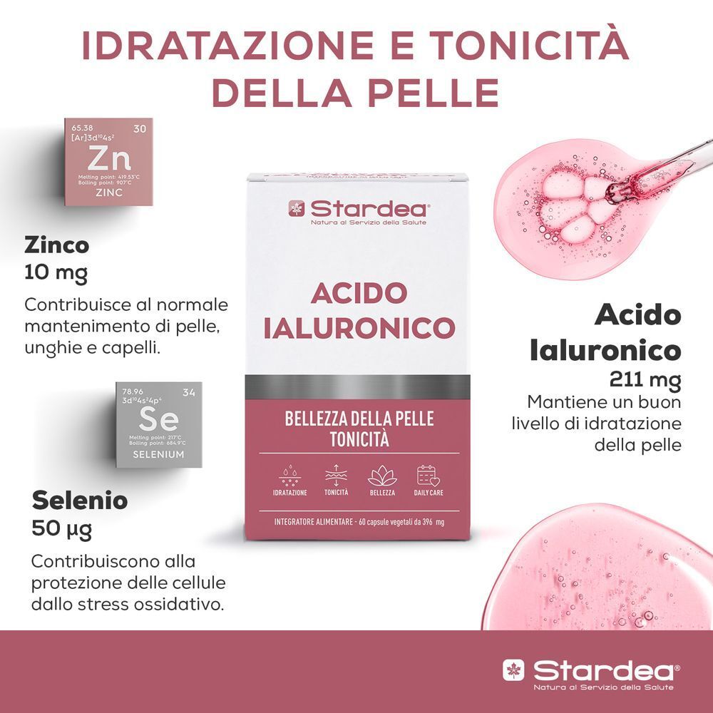 Confezione di Acido Ialuronico Stardea con informazioni su zinco e selenio per la pelle.