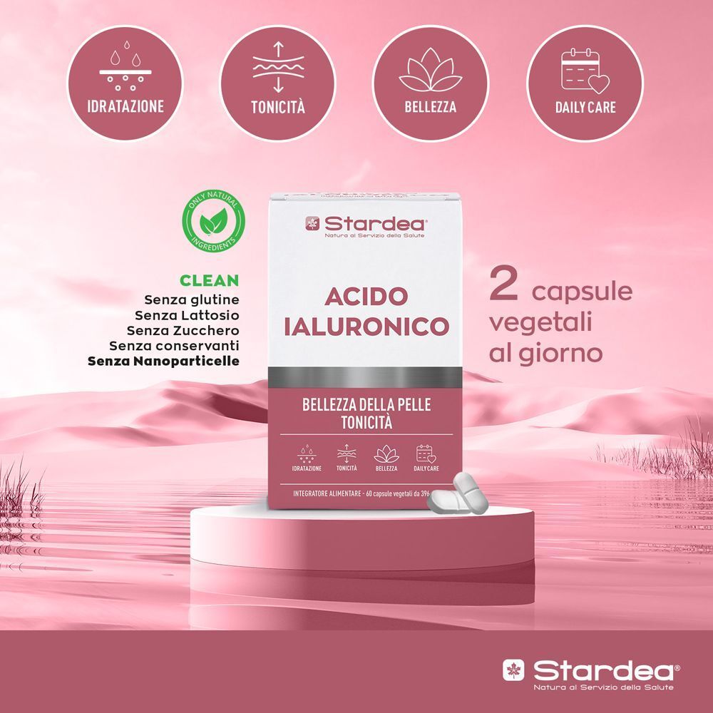 Confezione di acido ialuronico Stardea con icone per cura quotidiana e purezza.