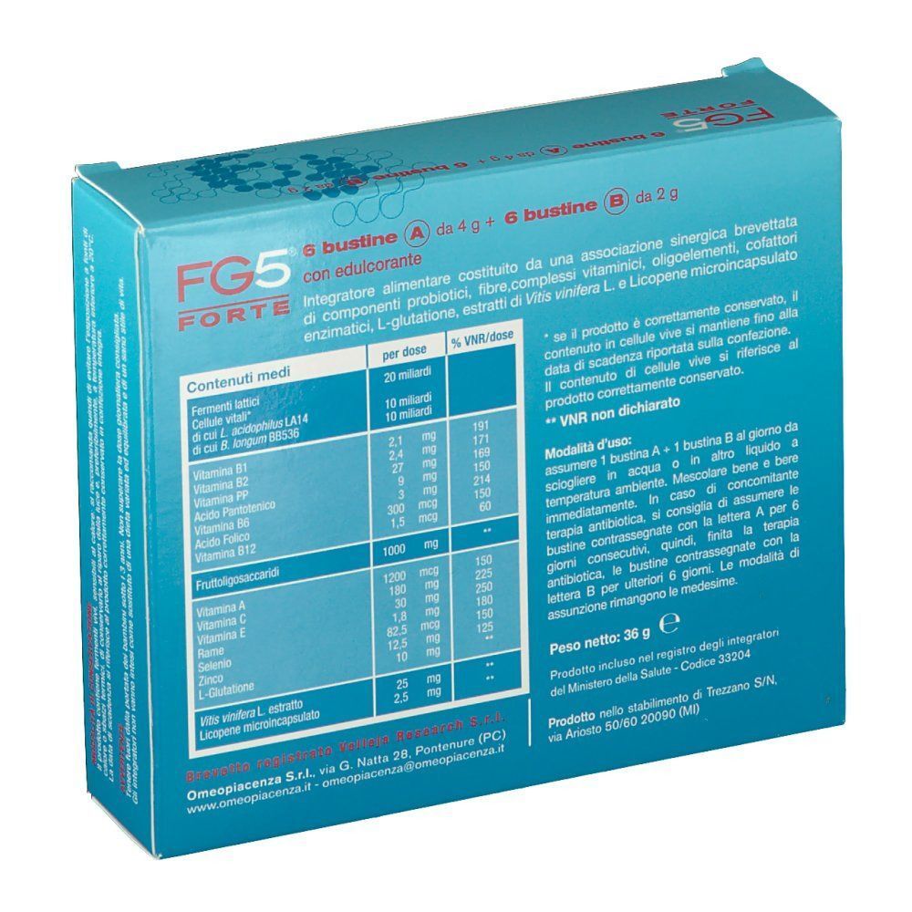 Retro di una scatola FG5 Forte Bustine. Include tabella nutrizionale e ingredienti.