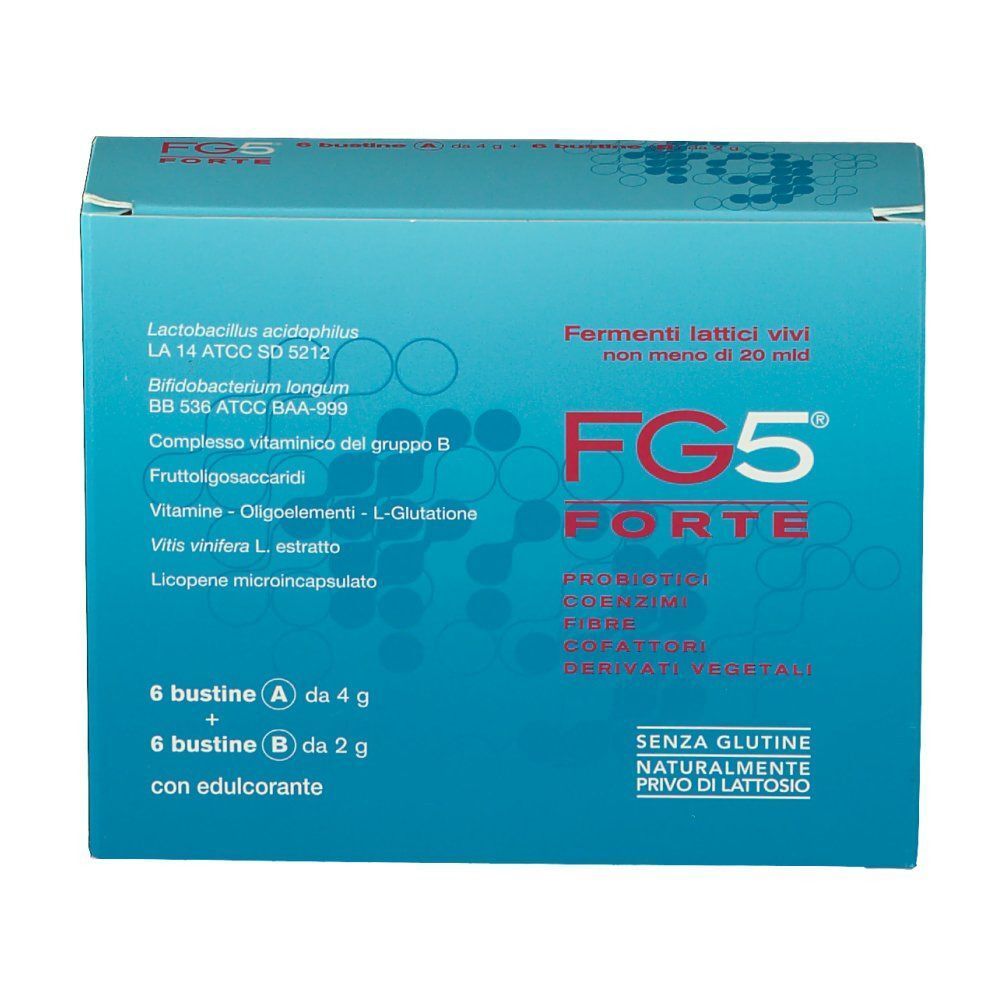 Fronte di una scatola FG5 Forte Bustine. Mostra FG5 Forte, complesso probiotico, vitamine.