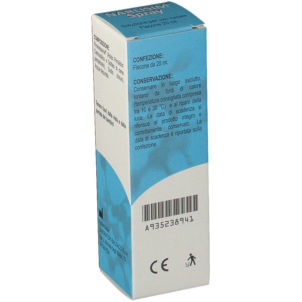 Scatola di Narlisim® Spray, 20 ml. Lato con confezione, conservazione, data di scadenza e marchio CE.
