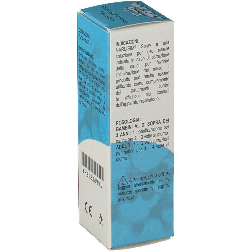 Scatola di Narlisim® Spray, 20 ml. Lato con indicazioni, posologia e avvertenze.