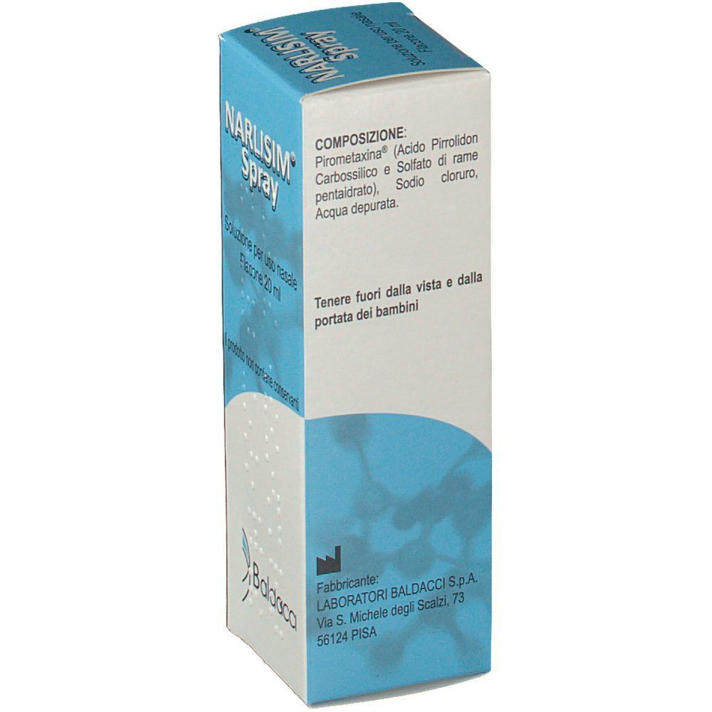 Una scatola di Narlisim® Spray, 20 ml. Retro con composizione e informazioni del produttore.