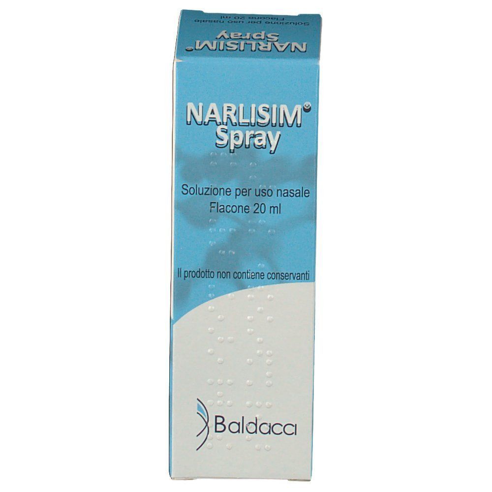 Una scatola di Narlisim® Spray, 20 ml. Fronte con nome del prodotto, logo Baldaca e volume.
