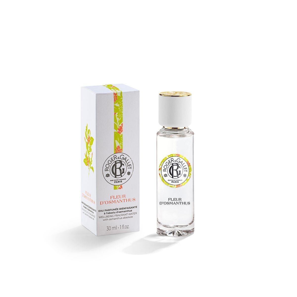 Flacone ROGER&GALLET Fleur D'osmanthus Eau de Parfum accanto alla sua scatola bianca.