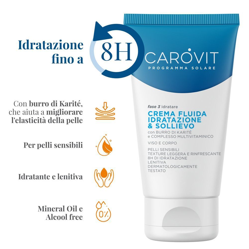 Tubo di crema solare CAROVIT con icone per idratazione, pelle sensibile e protezione 8h.