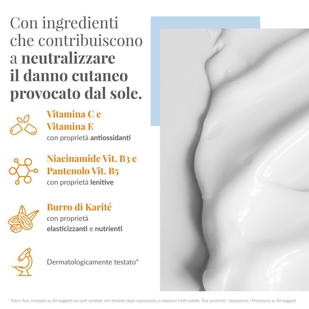 Tubo di crema solare CAROVIT con icone per vitamine C, E, B3, B5, burro di karité, test.