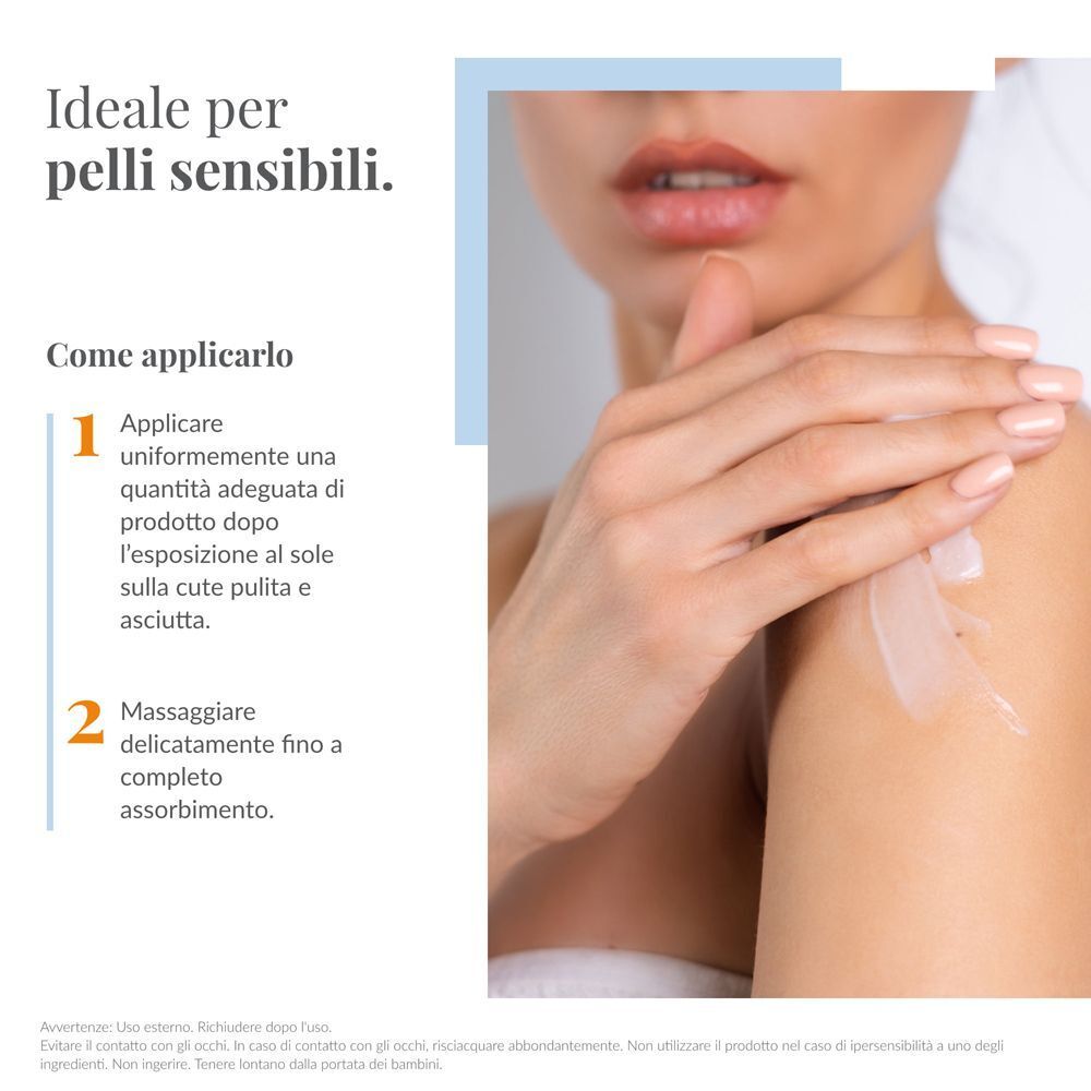 Una donna applica la crema solare CAROVIT sulla spalla. Passaggi di applicazione 1 e 2 visibili.