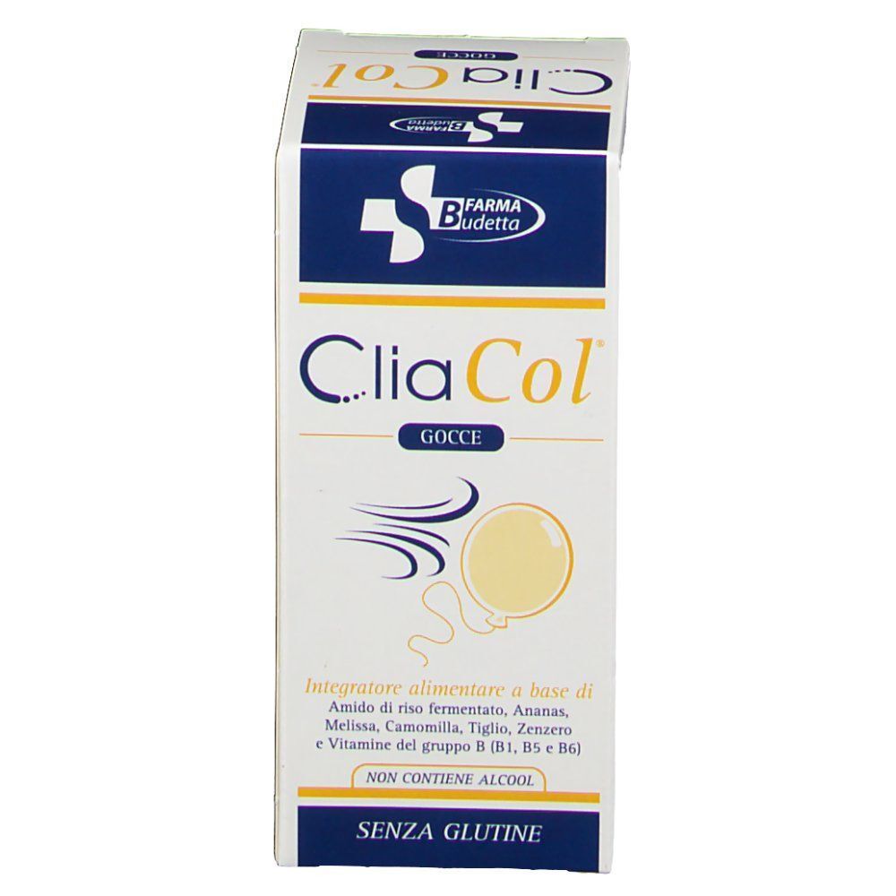 Una confezione di Cliacol Gocce, integratore alimentare. Vista frontale con informazioni prodotto e indicazione 30 ml.