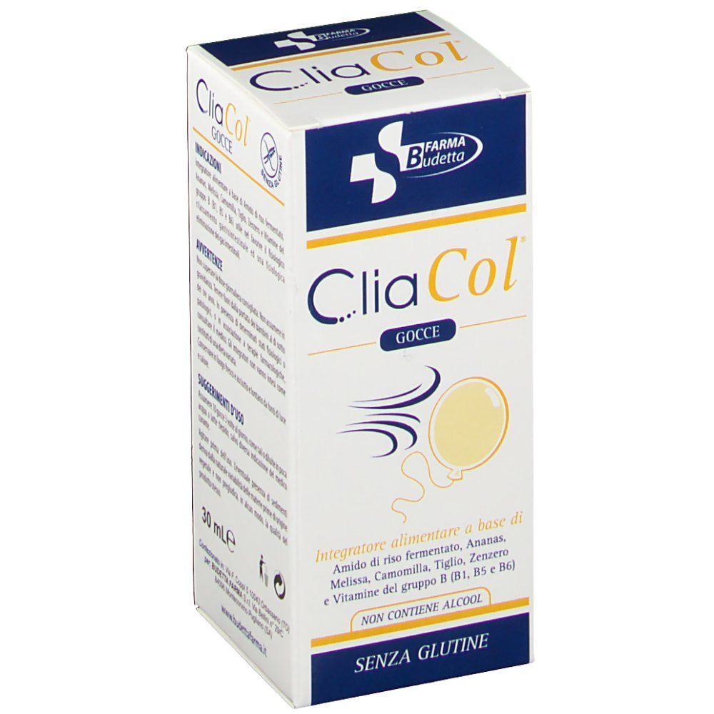 Una confezione di Cliacol® Gocce, integratore alimentare a base di amido di riso, ananas ed erbe.